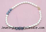 CFN350 9 - 10mm rice white freshwater pearl & blue spot stone necklace wholesale