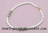 CFN352 9 - 10mm rice white freshwater pearl & feldspar necklace wholesale
