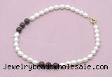 CFN354 9 - 10mm rice white freshwater pearl & brecciated jasper necklace wholesale