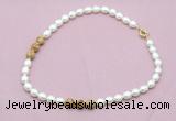 CFN355 9 - 10mm rice white freshwater pearl & picture jasper necklace wholesale