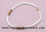 CFN356 9 - 10mm rice white freshwater pearl & wooden jasper necklace wholesale