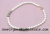 CFN357 9 - 10mm rice white freshwater pearl & serpentine jasper necklace wholesale