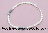 CFN358 9 - 10mm rice white freshwater pearl & grey picture jasper necklace wholesale