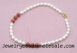 CFN361 9 - 10mm rice white freshwater pearl & red jasper necklace wholesale