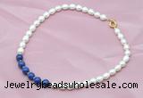 CFN403 9-10mm rice white freshwater pearl & lapis lazuli necklace