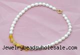 CFN405 9-10mm rice white freshwater pearl & yellow banded agate necklace