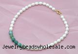 CFN407 9-10mm rice white freshwater pearl & green banded agate necklace