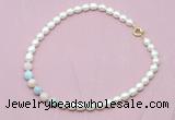 CFN415 9 - 10mm rice white freshwater pearl & morganite necklace
