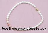 CFN417 9 - 10mm rice white freshwater pearl & pink opal necklace