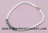 CFN418 9 - 10mm rice white freshwater pearl & labradorite necklace