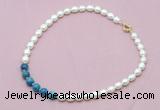 CFN419 9 - 10mm rice white freshwater pearl & apatite necklace