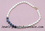 CFN420 9 - 10mm rice white freshwater pearl & sodalite necklace
