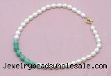 CFN423 9 - 10mm rice white freshwater pearl & peafowl agate necklace wholesale