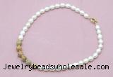 CFN425 9 - 10mm rice white freshwater pearl & yellow crazy lace agate necklace