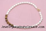 CFN426 9 - 10mm rice white freshwater pearl & yellow tiger eye necklace