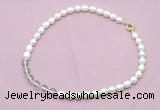 CFN431 9 - 10mm rice white freshwater pearl & white crystal necklace