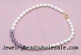 CFN432 9 - 10mm rice white freshwater pearl & amethyst gemstone necklace