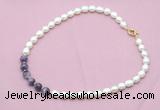 CFN433 9 - 10mm rice white freshwater pearl & dogtooth amethyst necklace