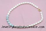 CFN435 9 - 10mm rice white freshwater pearl & aquamarine gemstone necklace
