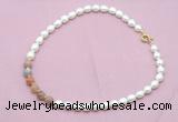 CFN437 9 - 10mm rice white freshwater pearl & rainbow moonstone necklace