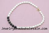 CFN438 9 - 10mm rice white freshwater pearl & golden obsidian necklace
