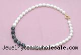 CFN439 9 - 10mm rice white freshwater pearl & snowflake obsidian necklace