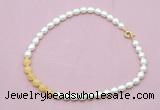 CFN442 9 - 10mm rice white freshwater pearl & honey jade necklace