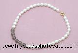 CFN443 9 - 10mm rice white freshwater pearl & grey agate gemstone necklace