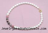CFN445 9 - 10mm rice white freshwater pearl & rhodonite gemstone necklace