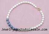 CFN450 9 - 10mm rice white freshwater pearl & blue spot stone necklace