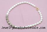 CFN452 9 - 10mm rice white freshwater pearl & feldspar gemstone necklace