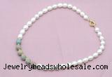 CFN457 9 - 10mm rice white freshwater pearl & serpentine jasper necklace