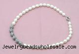 CFN458 9 - 10mm rice white freshwater pearl & grey picture jasper necklace