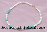 CFN509 Potato white freshwater pearl & blue sea sediment jasper necklace, 16 - 24 inches