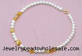 CFN522 9mm - 10mm potato white freshwater pearl & yellow banded agate necklace