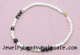 CFN525 9mm - 10mm potato white freshwater pearl & black banded agate necklace