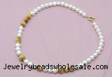 CFN526 9mm - 10mm potato white freshwater pearl & golden tiger eye necklace