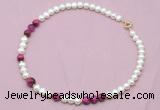 CFN527 9mm - 10mm potato white freshwater pearl & red tiger eye necklace