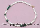 CFN528 9mm - 10mm potato white freshwater pearl & green tiger eye necklace