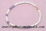 CFN532 9mm - 10mm potato white freshwater pearl & amethyst gemstone necklace