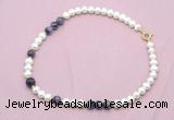 CFN533 9mm - 10mm potato white freshwater pearl & dogtooth amethyst necklace