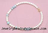 CFN535 9mm - 10mm potato white freshwater pearl & aquamarine necklace