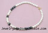 CFN541 9mm - 10mm potato white freshwater pearl & eagle eye jasper necklace