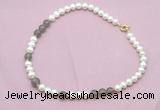 CFN543 9mm - 10mm potato white freshwater pearl & grey agate necklace