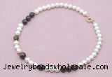 CFN546 9mm - 10mm potato white freshwater pearl & bronzite gemstone necklace