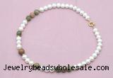 CFN547 9mm - 10mm potato white freshwater pearl & unakite gemstone necklace