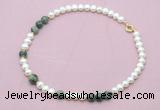 CFN549 9mm - 10mm potato white freshwater pearl & African turquoise necklace