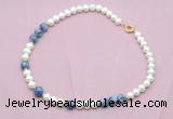 CFN550 9mm - 10mm potato white freshwater pearl & blue spot stone necklace