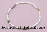 CFN552 9mm - 10mm potato white freshwater pearl & feldspar necklace