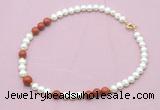 CFN561 9mm - 10mm potato white freshwater pearl & red jasper necklace